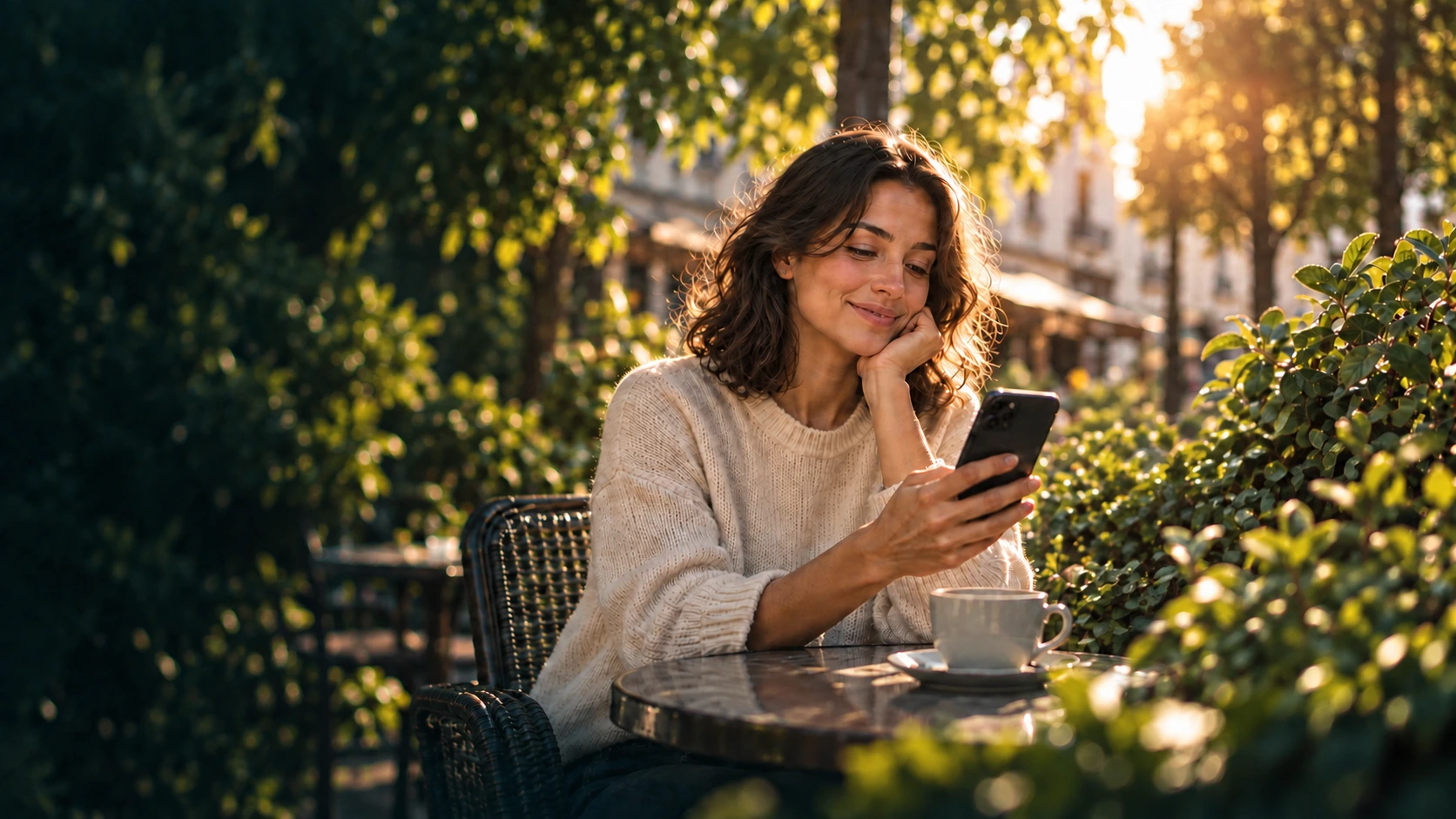 A woman messaging at an outdoor café