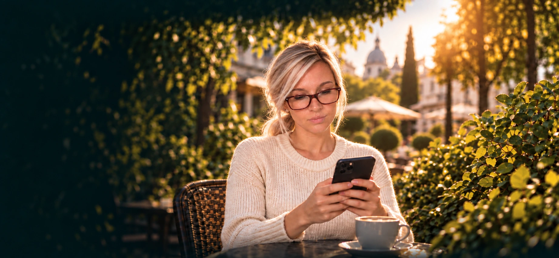 A woman messaging at an outdoor café